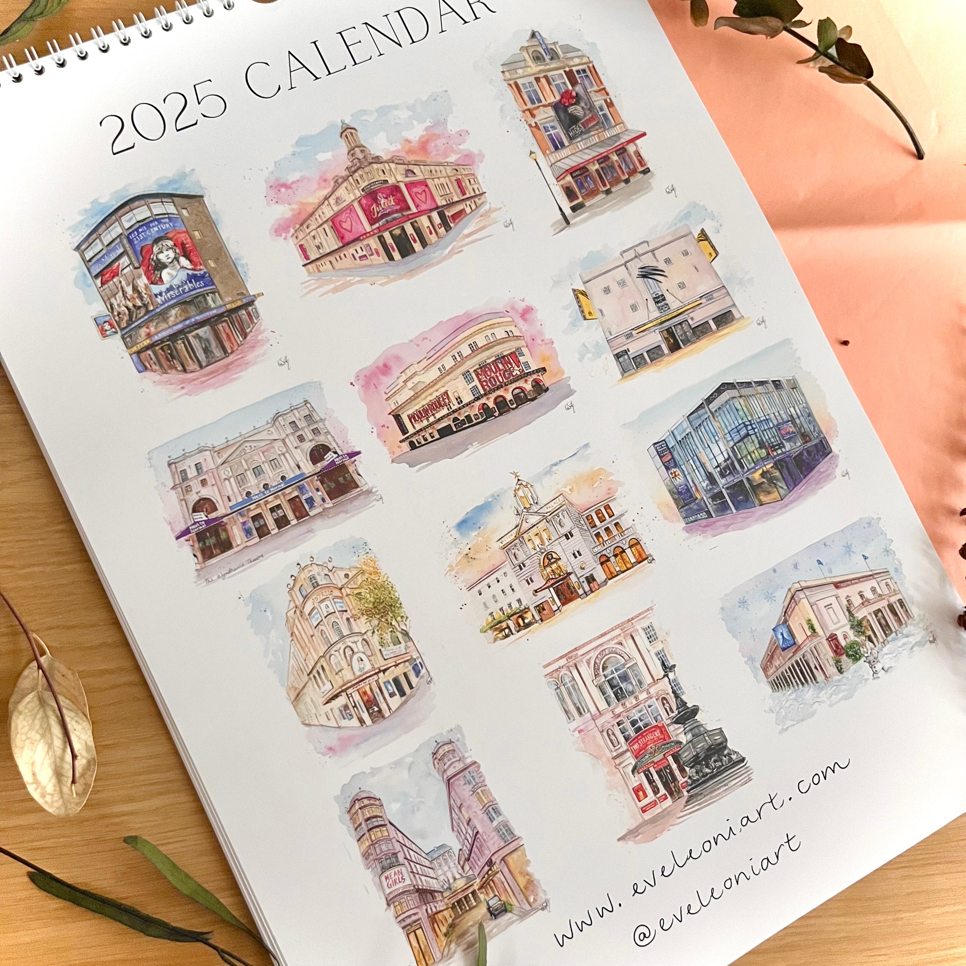 The back of Eve Leoni Smith’s West End calendar, showing 12 thumbnails of different watercolour theatre paintings. Includes the Sondheim Theatre, Lyric Theatre, Victoria Palace Theatre and Savoy Theatre to name a few. 