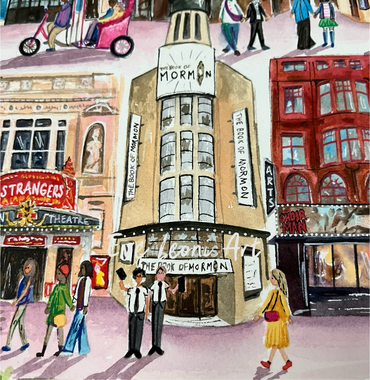 An original painting of the Prince of Wales Theatre in Leicester Square, as part of a huge West End painting by Eve Leoni Art. 