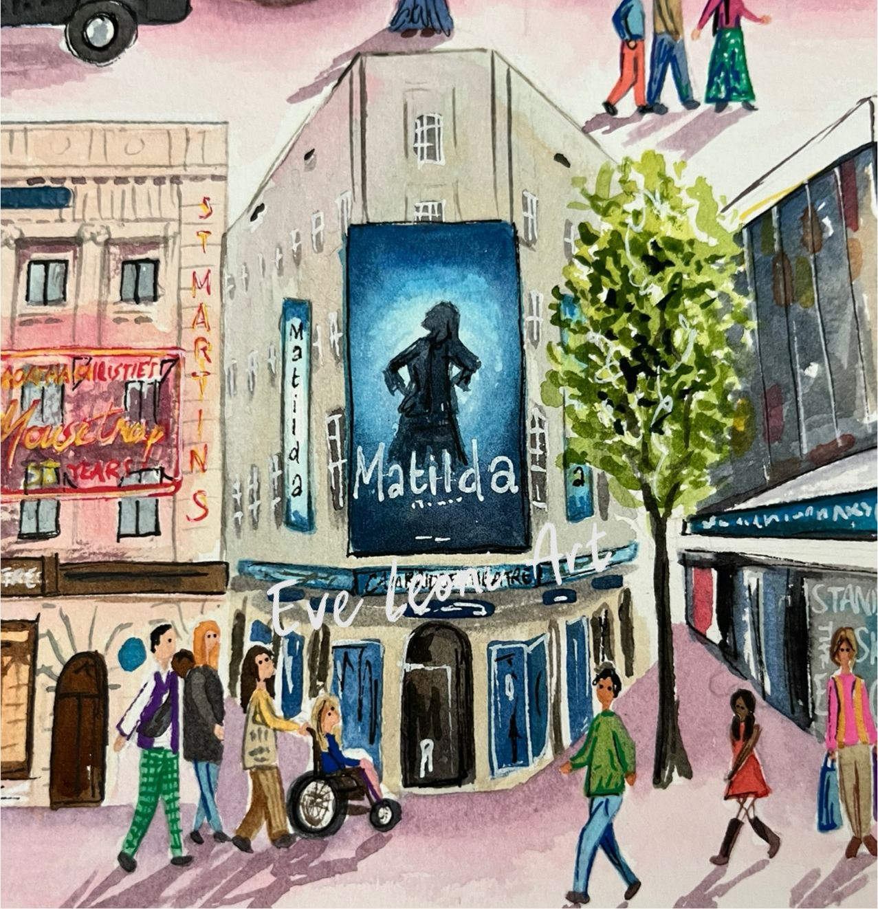 A watercolour illustration of the Cambridge Theatre in the West End, featuring Matilda the Musical. It was painted by Eve Leoni Smith and includes illustrations of Londoners and tourists walking around Theatreland.