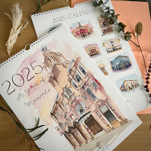 A West End 2025 calendar featuring watercolour artwork of London theatres by Eve Leoni art. 