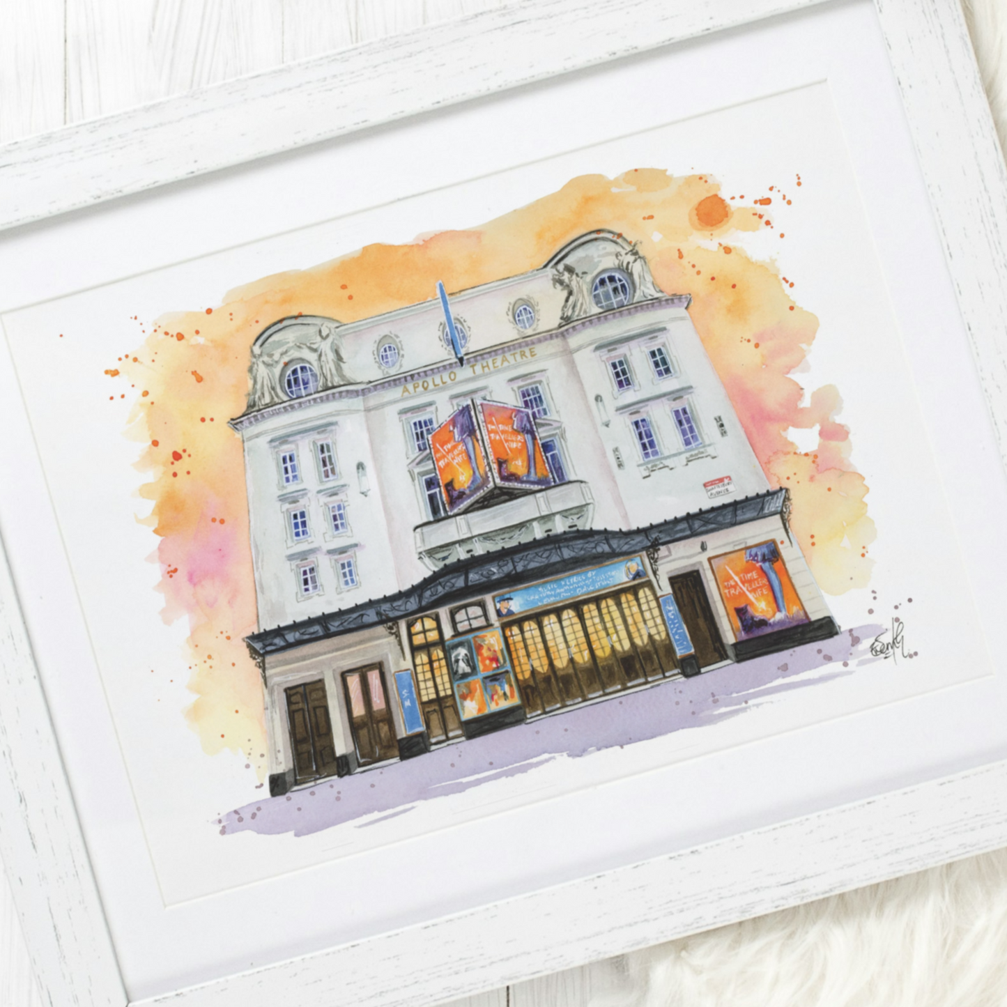 An original watercolour painting of the Apollo Theatre down Shaftesbury Avenue in London's West End, painted by musical theatre artist, Eve Leoni.