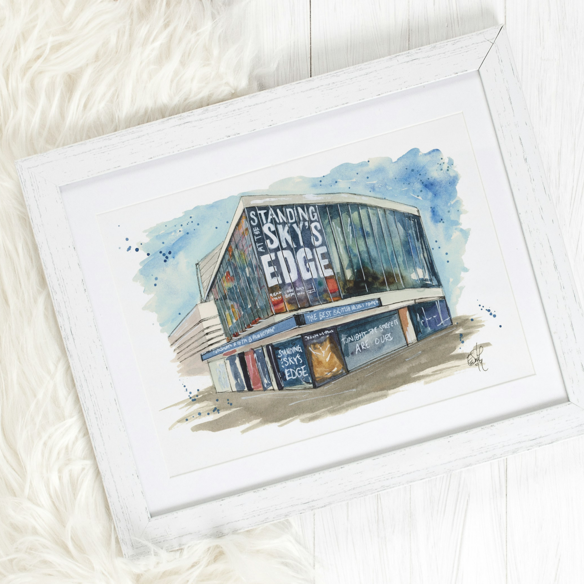 An original watercolour illustration of the Gillian Lynne Theatre featuring the marquee for Standing at the Sky's Edge the Musical. Painted by London based artist, Eve Leoni Art.