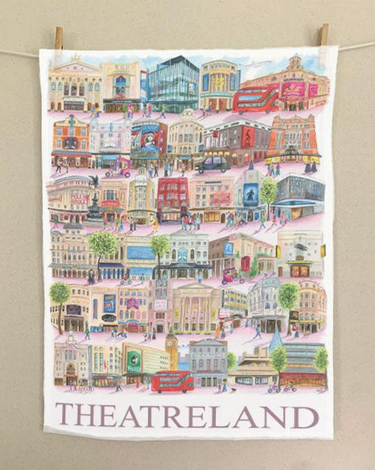 Organic tea towel featuring watercolour illustrations of West End theatres painted by Eve Leoni Art.