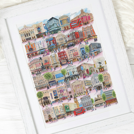 An original watercolour painting of theatres in the West End, London. It features 37 theatres includng the London Palladium, Piccadilly Theatre, Lyceum Theatre, Shaftesbury Theatre, National Theatre and the Old Vic. It also features shows such as Wicked, Hamilton, Matilda, Les Miserables and Hadestown. Painted by local artist, Eve Leoni Art.