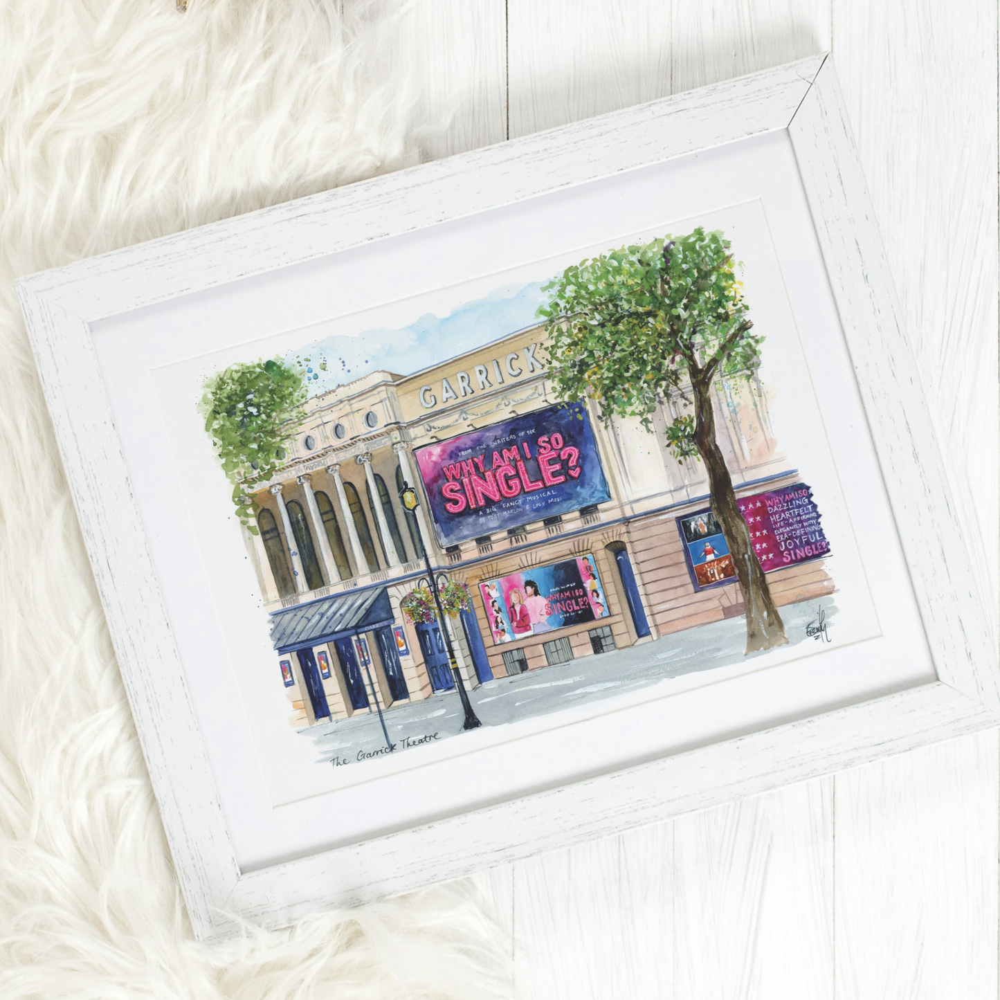 An original watercolour painting of the Garrick Theatre in London's West End by Eve Leoni Art, featuring the new musical 'Why Am I so Single?' by Toby Marlow and Lucy Moss.